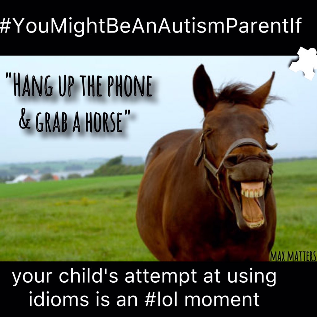 maxmatterstoday's tweet photo. #YouMightBeAnAutismParentIf "Hang up the phone &amp; grab a horse" is ur kids attempt at using idioms #lol #maxmatters https://t.co/CcaXDEN1Xj