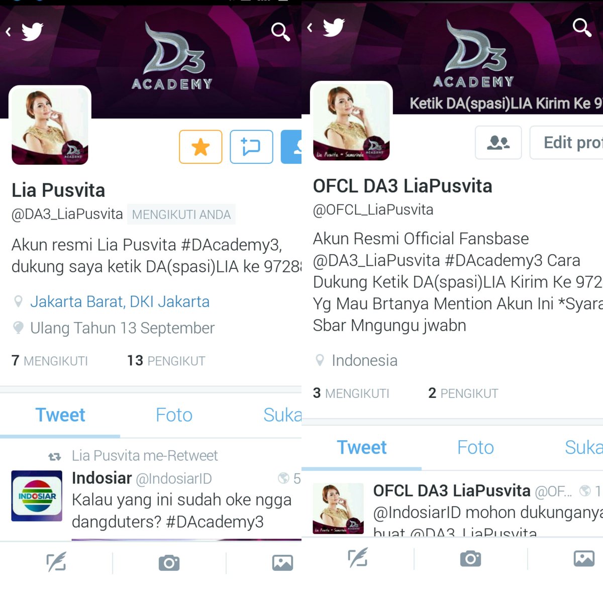 Di Follow yaa..Akun real <a href="/DA3_LiaPusvita/">Lia Pusvita</a> @OFCL_LiaPusvita #DAcademy3 #indosiar asal #SAMARINDA Min cuma #bantushare