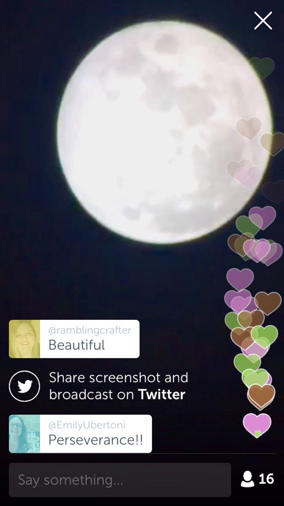 brooklyn579's tweet photo. Screen shot from @thrivewithsara's Telescope #scope! Happy #fullmoon everyone! #onelovehub #moonlight2016 https://t.co/RGqGx1vFu7