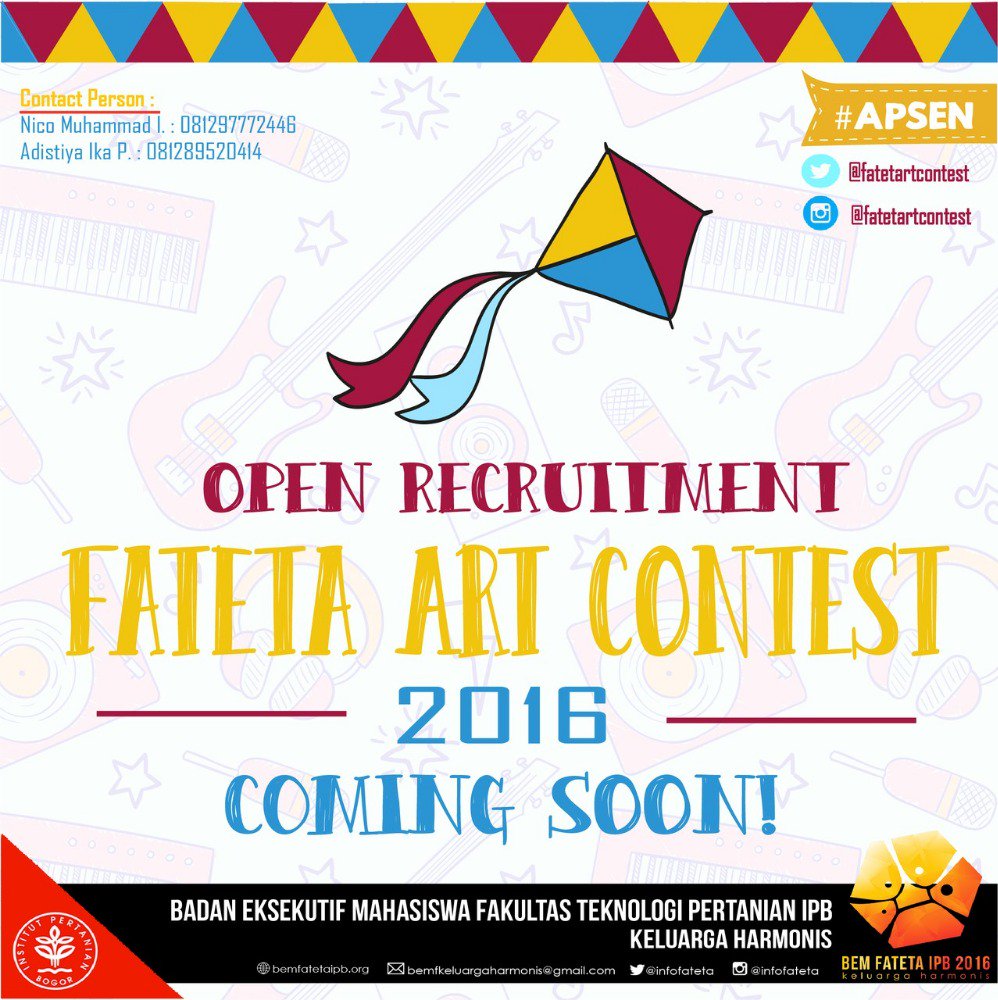 apsenbemf's tweet photo. #OnlyForFATETA
Departemen Apresiasi Seni
BEM FATETA IPB 2016
@infoFATETA
Cp:
Nico: 081297772446
Ika: 081289520414 https://t.co/WMevpjPGZ1