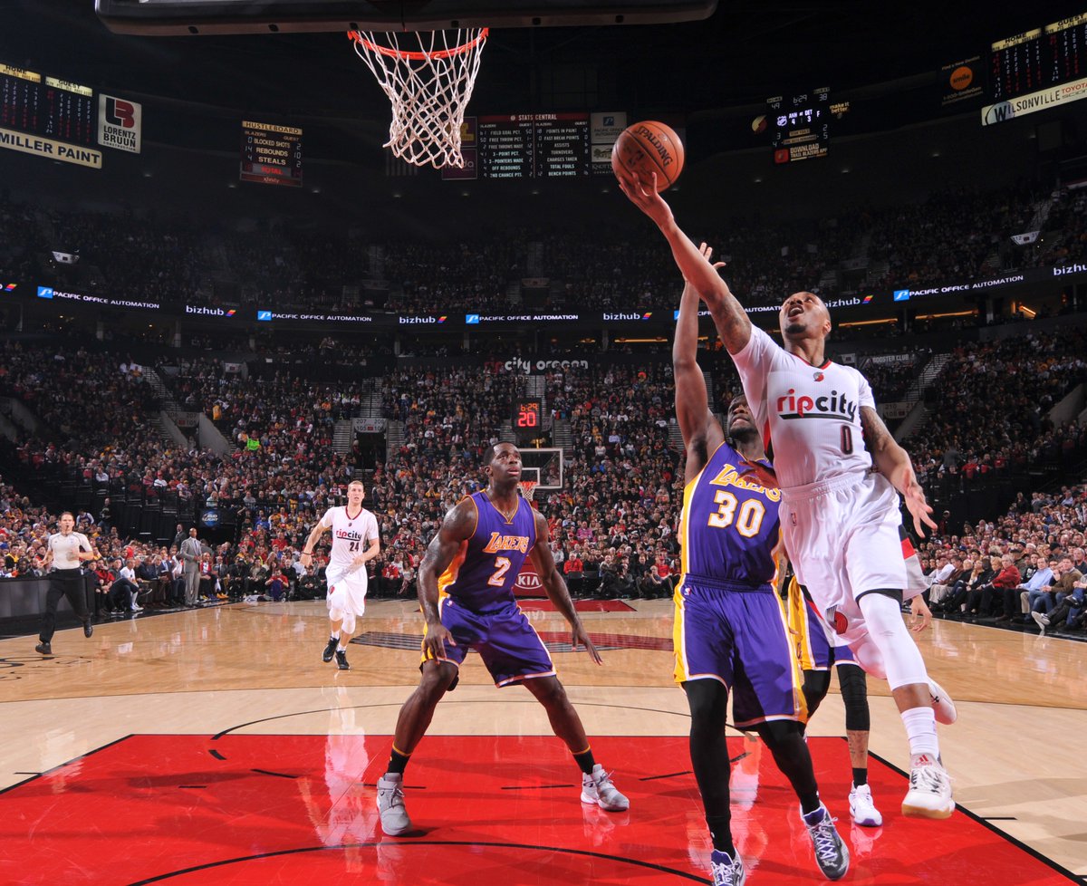 NBA's tweet image. Damian Lillard pours in 36 points as @trailblazers defeat @Lakers 121-103. D'Angelo Russell led LAL w/ 21 pts.