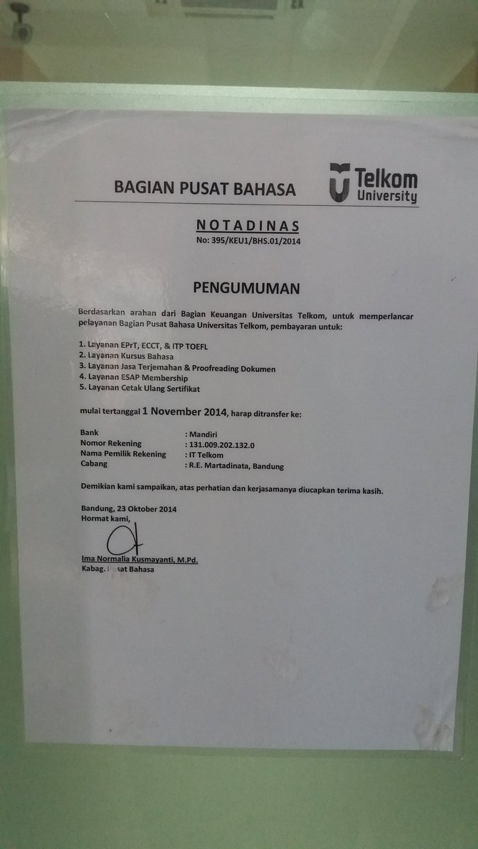 Pengumuman  untuk yang mau test Toefl/Eprt/ecct di Telkom University <a href="/bem/">bem</a>