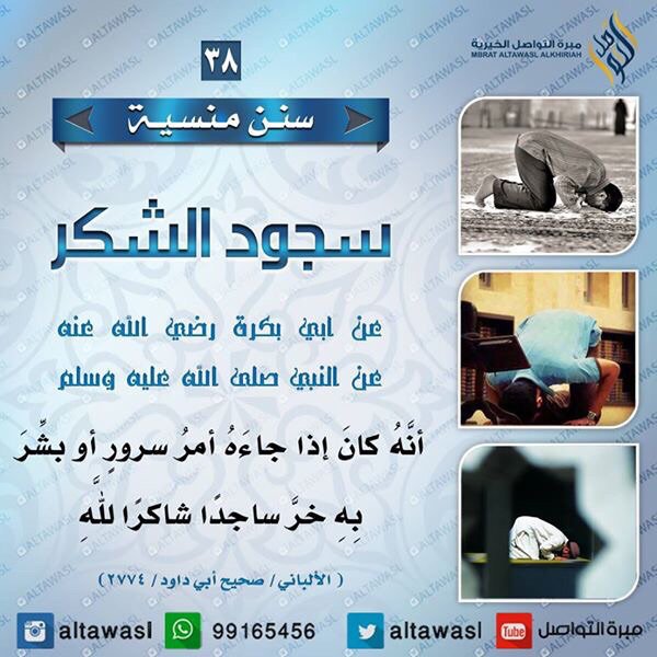 عن النبي صلى الله عليه وسلم أنه كان إذا جاءه أمر سرور أو بشر به خر ساجدا شاكرا لله -- صححه أبو داود  #ﷺ