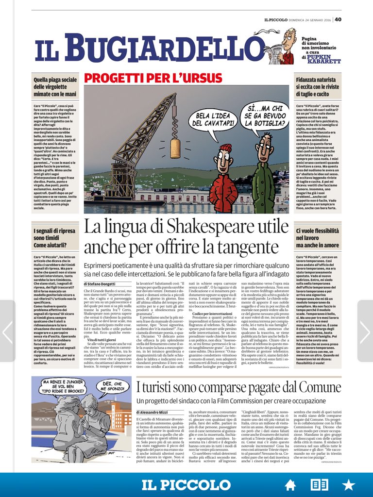 p_possamai's tweet photo. Torna come ogni domenica Il #Bugiardello, pagina di #umorismo non involontario su @il_piccolo https://t.co/fzfuGafv1H