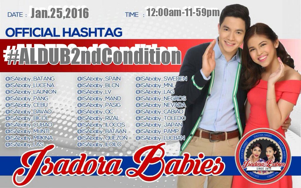 dpflri's tweet photo. OFFICIAL HASHTAG #ALDUB2ndCondition 
RT&amp;SPREAD 
Follow @IsadoraBabies 
@SenyoraIsadora https://t.co/HM46hbIghn