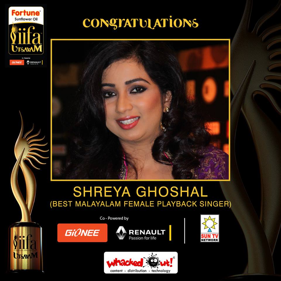 The_SGF's tweet photo. @shreyaghoshal won Best Playback Singer award at @IIFAUtsavam 2016 for  'Kaathirunnu' song  #EnnuNinteMoideen https://t.co/ZLWcIt8f5j