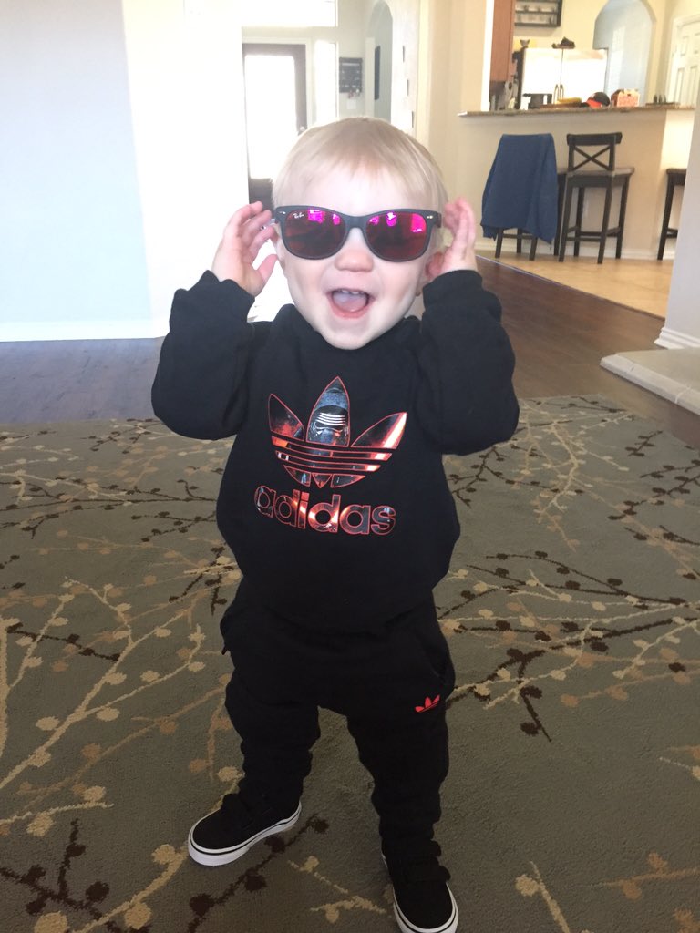 KLMBarnes's tweet photo. @adidas my sun is totally rocking his sweatsuit along with his van sneakers and baby ray bans...he's only one! https://t.co/3IBBseUoDp