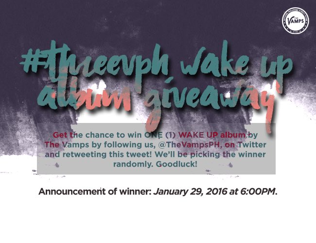 TheVampsPH's tweet image. Win a Wake Up album from TVPH! All you have to do is to follow us and RT this tweet. Goodluck everyone! #THREEVPH