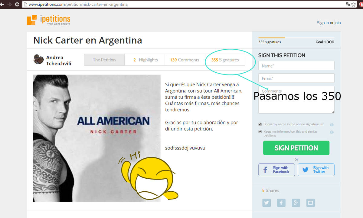 Nick_Arg2016's tweet photo. Pasamos los 350 firmas! @Nick_Arg2016 Vamos que podemos! Nick en Argentina <3 https://t.co/KAeF7D3yqM … https://t.co/eXA5d7eiYP