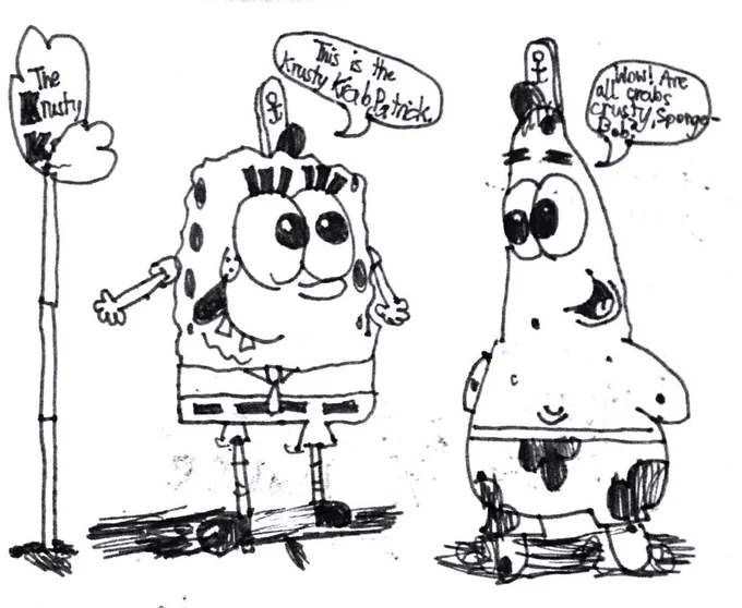 one of my earliest recorded drawings of spongebob + patrick
i'm glad i ditched the shiny pupils and sideways mouths 