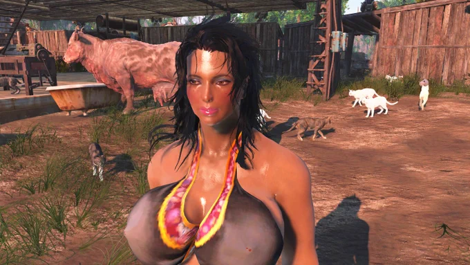 フォールアウト4のお話。ちょこちょこMOD入れて遊んでました。猫MODがいい感じ。キャラの顔はこのくらい濃いほうが好きであんまり変えてないけど、髪や衣装で近所のおばさんからリゾート地にいそうなハードなおねぇさんくらいになったかな 