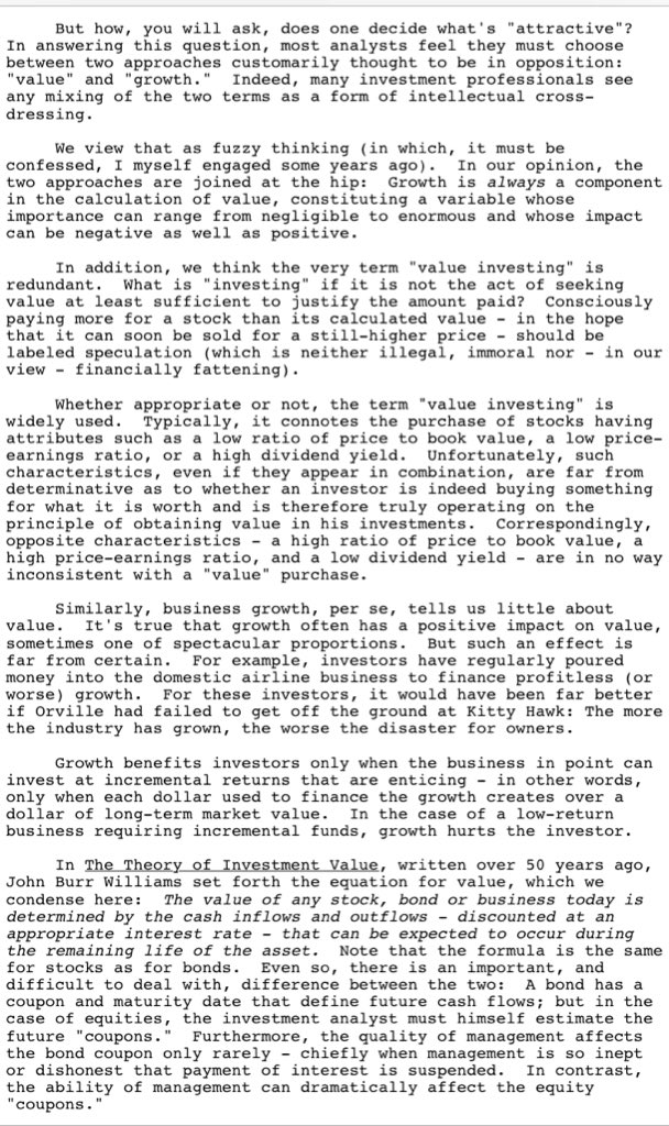 modestproposal1's tweet photo. Buffett on value and growth investing, and why the distinction is nonsense https://t.co/JsKSDUqJJD