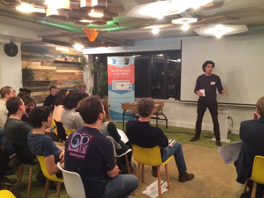 roald's tweet photo. #Pitch time at #HackWithRefugees in front of a great jury. Teams working on #refugees housing, education, job issues https://t.co/AayESwKuhM