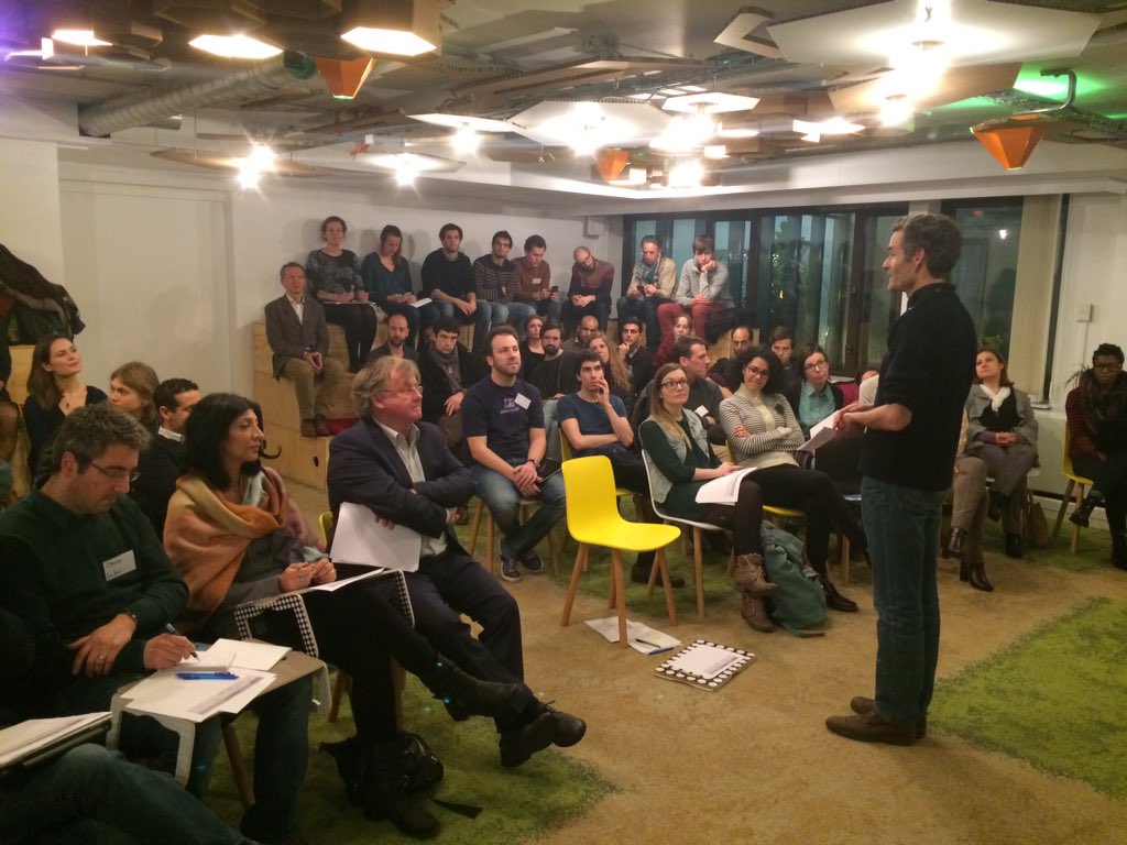 roald's tweet photo. #Pitch time at #HackWithRefugees in front of a great jury. Teams working on #refugees housing, education, job issues https://t.co/AayESwKuhM