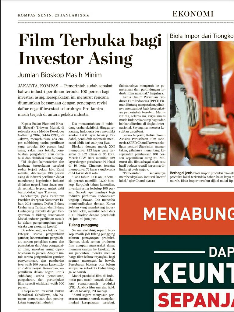Pagi, temen-temen! Berita ttg diperbolehkannya investasi asing di film nasional. Smg menjadi turning point yg baik.