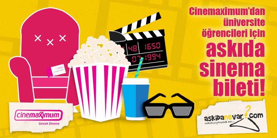 askidanevar's tweet photo. Askıda sinema bileti! @cinemaximum'u takip edip bu tweet'i RT'leyen 5 üniversiteliye çift kişilik bilet hediye! https://t.co/fUEObNuxts
