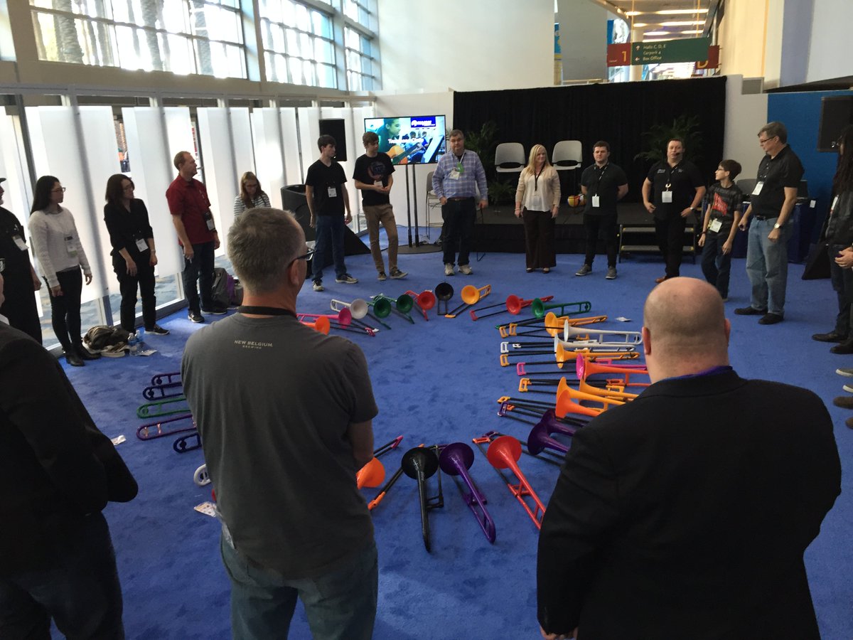 NAMMShow's tweet image. So many colorful trombones! Check out the Trombone Circle at the #NAMM Member Center! #NAMM2016