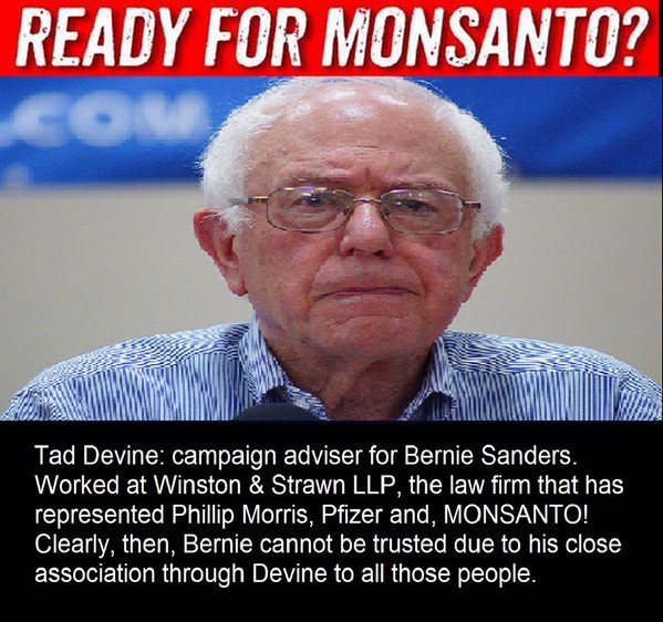 djred678's tweet photo. Bernie Sanders manager was a lobbyist for Monsanto. You won't hear Bernbots admit to it. #VettingBernie https://t.co/GBfLrnjfCm