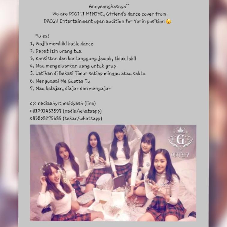 FG_Geous's tweet image. (HELP RT)😊
DIGITI MINIMI cover dance GFRIEND from DRIGHT Ent open audition for Yerin..
Cek untuk persyaratannya👇