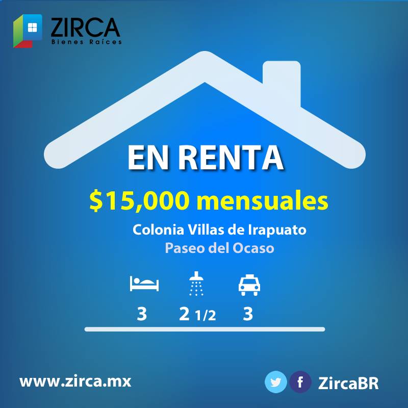 ZircaBR's tweet photo. Se #renta casa en #Irapuato. Villas de Irapuato, Paseo del Ocaso | $15 mil mensuales. Llámanos al 462 143 13 43. https://t.co/VkbRzUti40