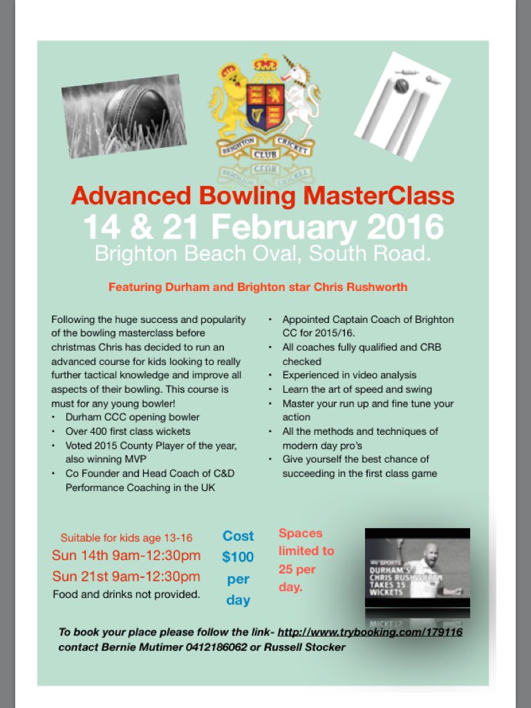 BCC1842's tweet image. Advanced Bowling Master Class with @CDcoaching116 open to all bookings via trybooking.com/179116 @BlueBaggy