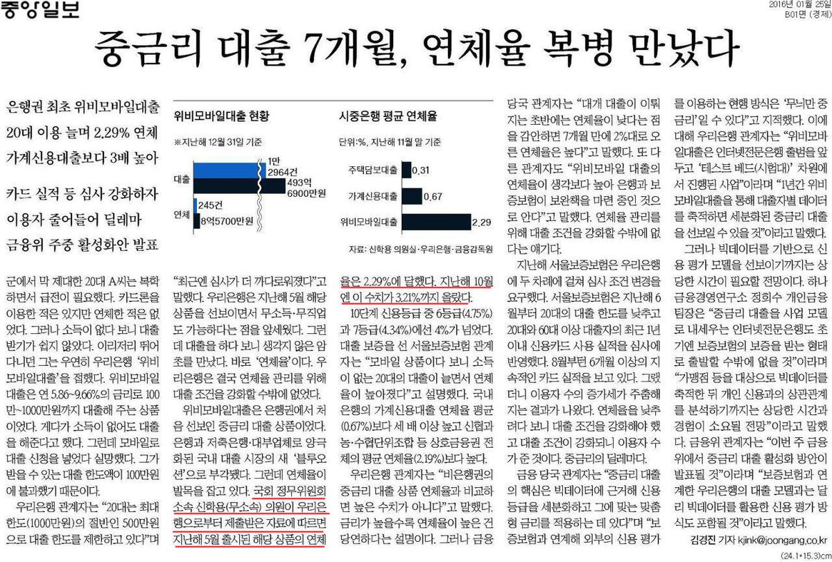 이번에 금융위에서 중금리 대출 관련 내용을 발표한다고 합니다. 
저는 서민들을 위한 시중은행의 중금리 대출 확대에 대해 주장해온바, 오늘자 중앙일보 경제면 1면에 관련 내용을 보도했습니다.