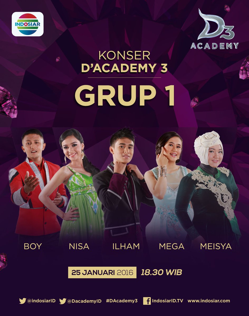 Saatnya nonton penampilan Grup 1 #DAcademy3 <a href="/DA3_Boy/">Boy D'Academy 3</a> <a href="/Da3_Nisa/">DA3_NISA</a> <a href="/DA3_IIHAM/">Ilham #Dacademy3</a> <a href="/DA3_Mega/">Mega D'Academy3</a> <a href="/DA3_Meisya/">Meisya Iswadi</a>, yuk merapat!