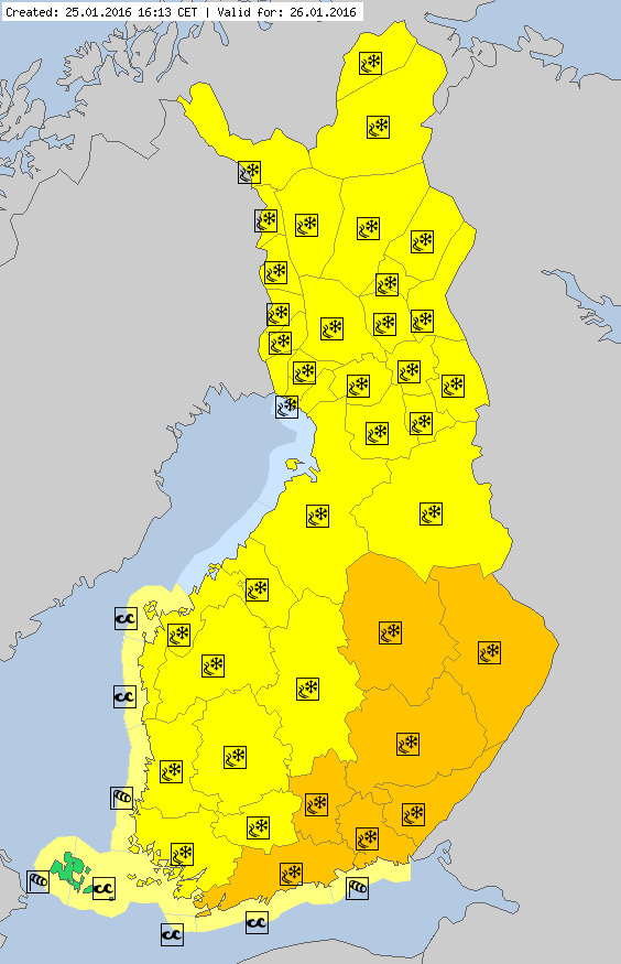 Warning for bad road conditions in all of Finland because of freezing drizzle or snow (meteoalarm.eu/en_UK/1/0/FI-F…)