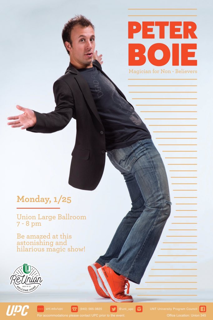 UNT_UPC's tweet photo. Remember, the magician for nonbelievers, Peter Boie is tonight from 7-8pm in the Union Syndicate! #UNT #UNTReUnion https://t.co/0IgZ4C3IZo