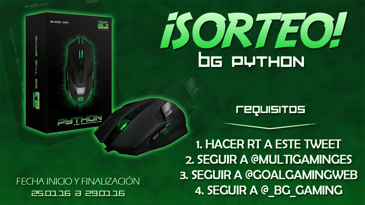 multigeekx's tweet image. ¡SORTEO de un Ratón Gaming Python! Para participar: Haz #RT, Sigue a @MultiGamingES, a @GoalGamingWeb y @_BG_Gaming