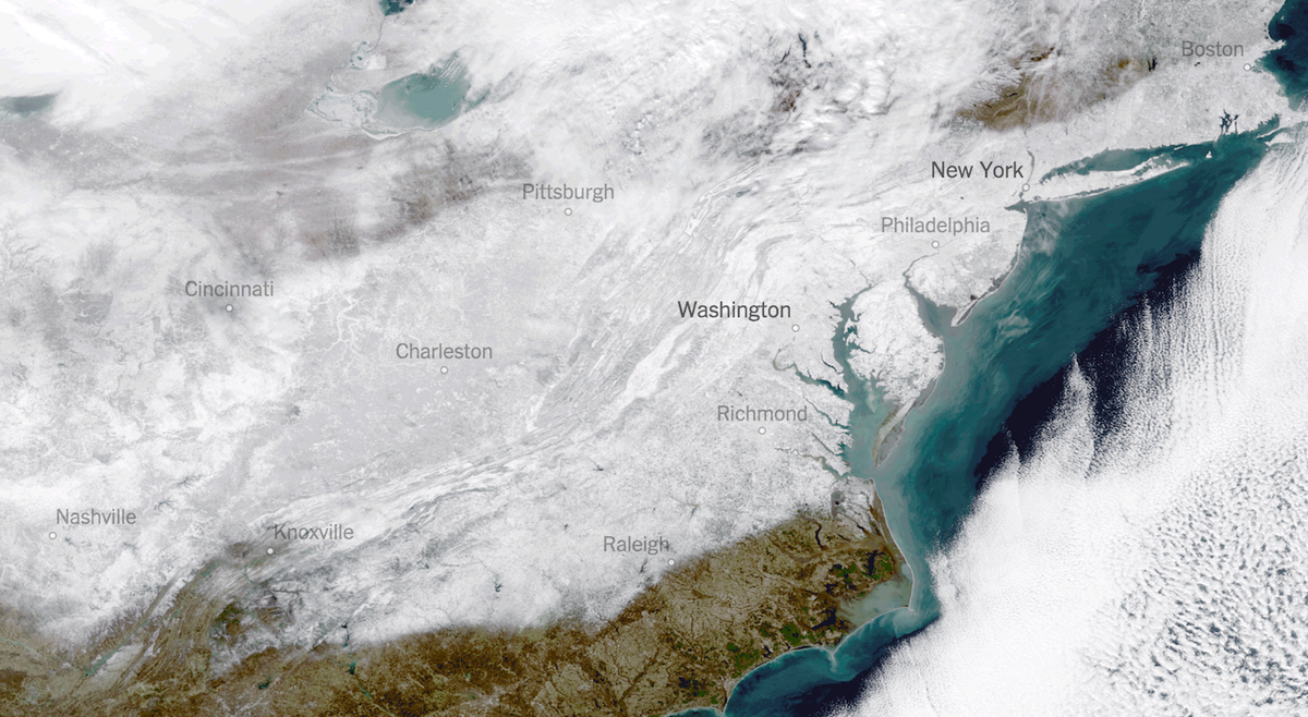 nytimes's tweet photo. A satellite view of the East Coast blizzard's aftermath https://t.co/xQPhe8rfEc https://t.co/qwG3lsLNWb