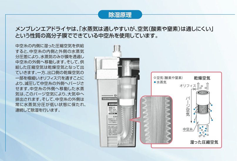 Takuro در توییتر メンブレンエアドライヤ とはこういう物 圧縮空気中の水分 水蒸気 は透過するが 窒素と酸素は通さない特殊な膜で作られたチューブ 中空糸 に空気を通して除湿する 除湿状態は露点チェッカの 色変化で確認するが 中身は多分 シリカゲル Takuro در توییتر メンブレンエアドライヤ とはこういう物 圧縮空気中の水分 水蒸気 は透過するが 窒素と酸素は通さない特殊な膜で作られたチューブ 中空糸 に空気を通して除湿する 除湿状態は露点チェッカの 色変化で確認するが 中身は多分 シリカゲル