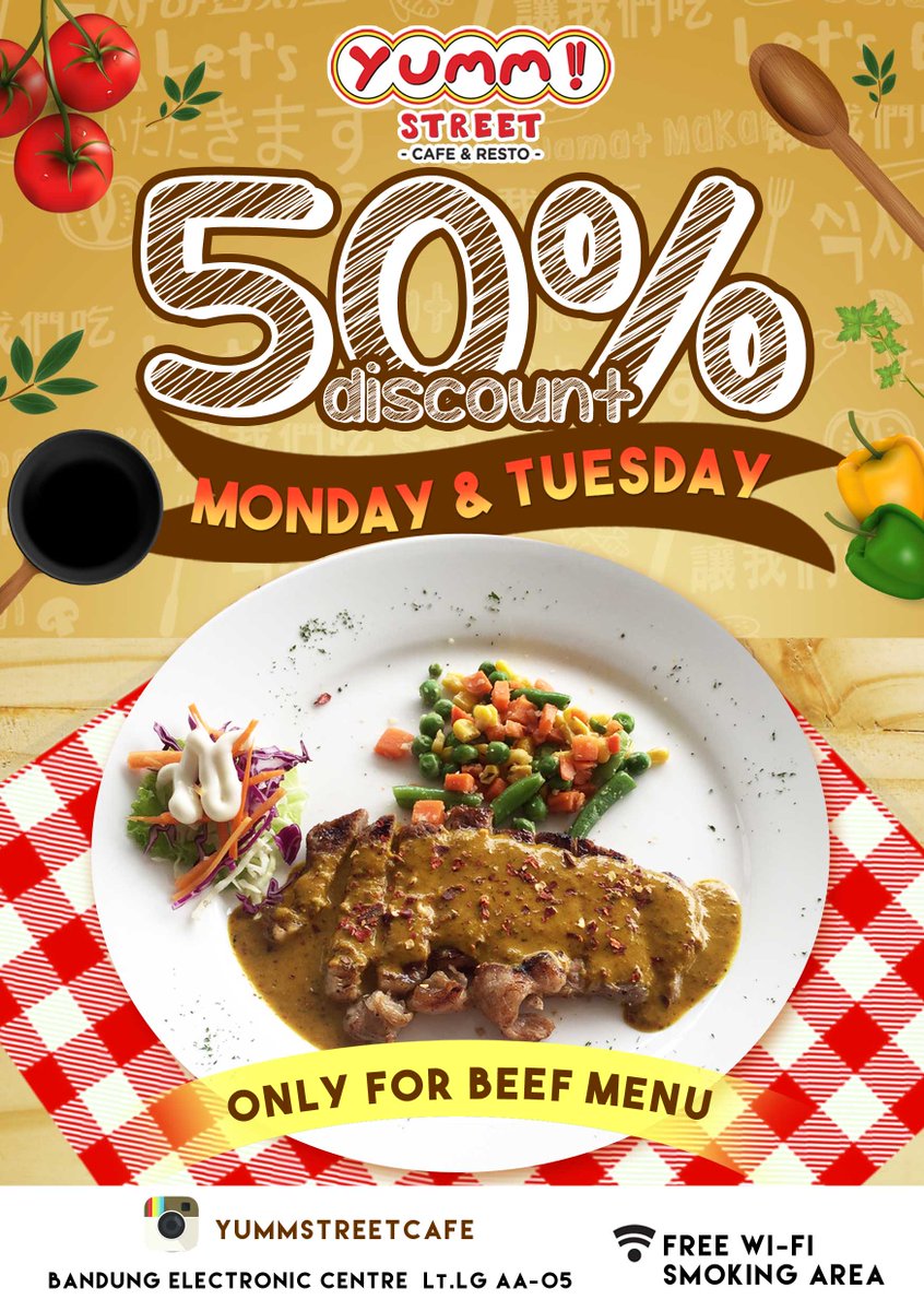 Discount 50% for all beef menu, only on monday and tuesday..yayyy!