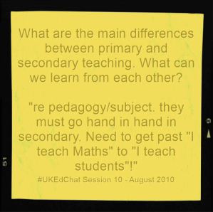 ukedchat's tweet image. Session 10 – What are the main differences between primary and secondary teaching. What ukedchat.com/2010/08/29/ses…