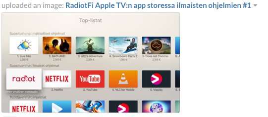 radiotfi's tweet photo. Radiot.fi koreilee tällä hetkellä Apple TV:n app storessa ilmaisten ohjelmien ykkösenä! #appletv #markkinointi https://t.co/sEeREH6Ch2
