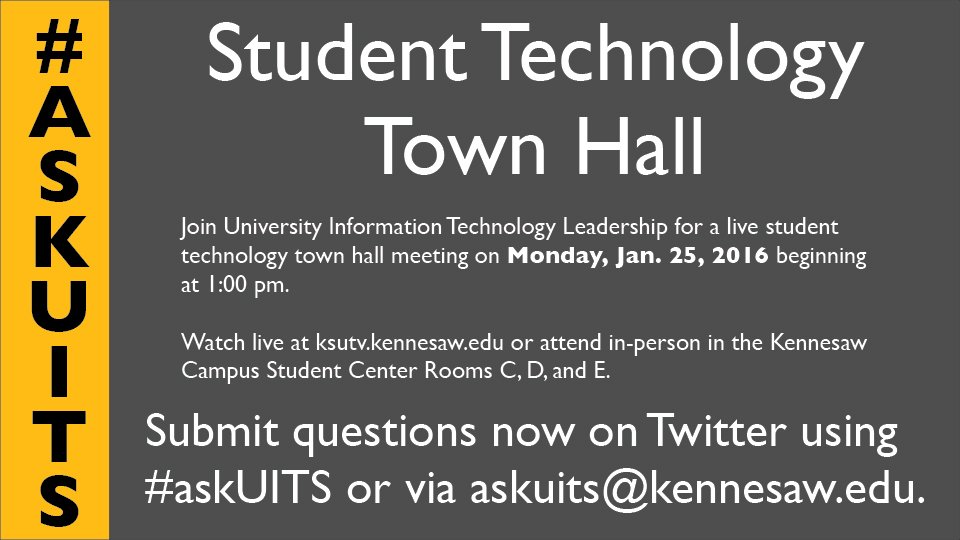 KSU_UITS's tweet photo. KSU Students: Today’s the day! Join us at 1:00 pm for our technology town hall. Send Qs in advance! #askuits https://t.co/sWtmFSFbgk