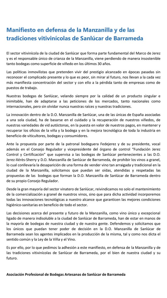 Manifiesto en Defensa de la Manzanilla y de las tradiciones vitivinícolas de Sanlúcar de Barrameda. #SherryLover