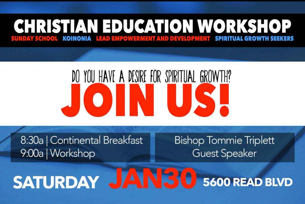 MsDeanTrotter's tweet photo. Join us this Saturday, January 30th for our Christian Education Workshop. @GSS_FGBC @PastorDBMorton @BishopPMorton https://t.co/yFbAYNnd2M