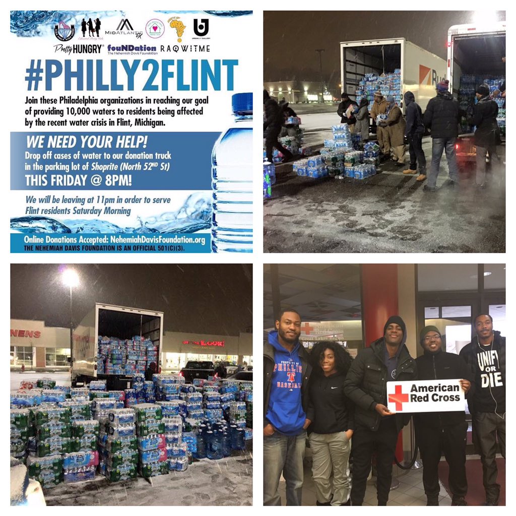 JWDaye's tweet photo. Philly Native collected 60k cases of water for Flint, MI. He saw a problem and created a solution. #NehemiahDavis https://t.co/3PUK1p42Cm