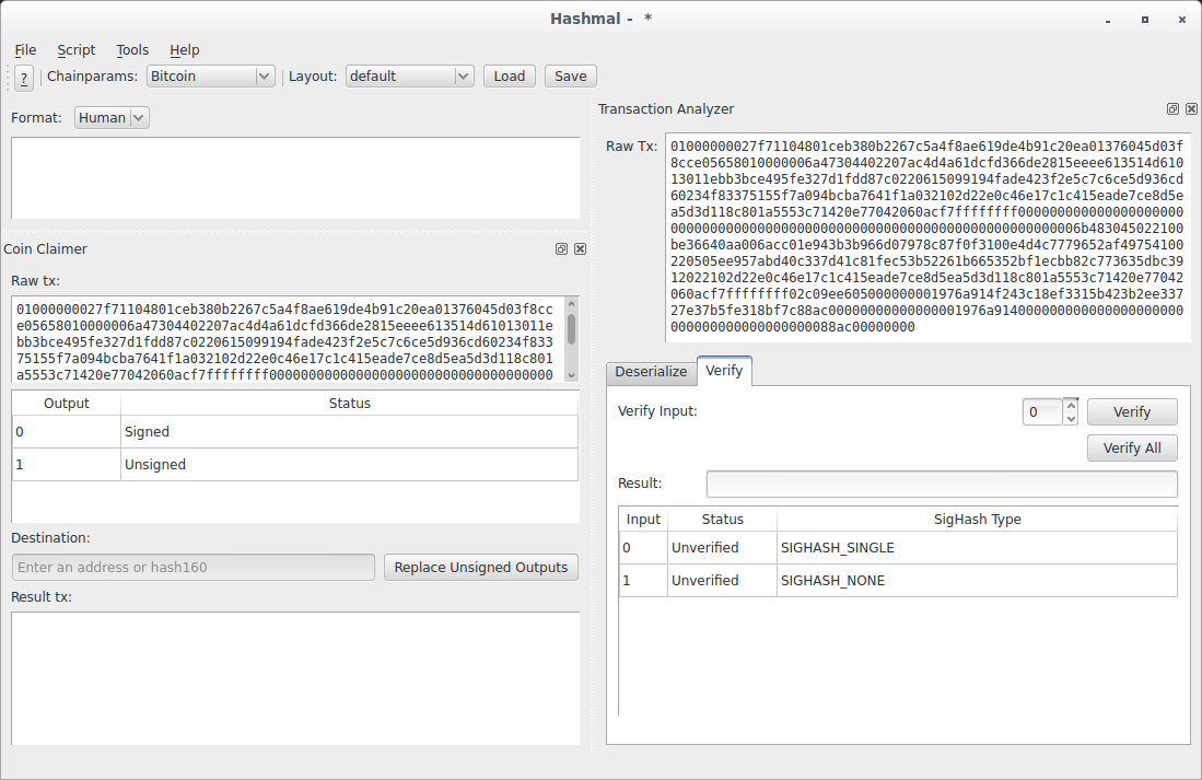 kefkius's tweet photo. Working proof-of-concept in a Hashmal plugin "Coin Claimer" - Replaces unsigned outputs @guruvan @kyuupichan https://t.co/nsEEfchmmi