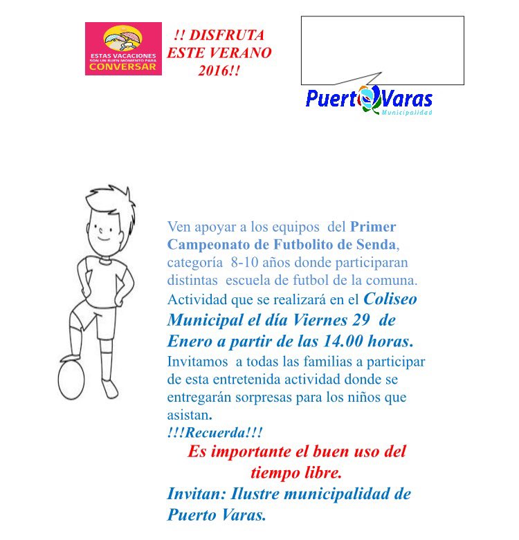 DidecoPtoVaras's tweet photo. Atención niños! ven a participar del campeonato de fútbolito este miércoles 29 en el Coliseo de #PuertoVaras https://t.co/9MhnVjnOxY