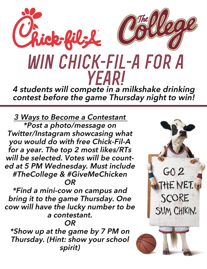 ClydetheCougar's tweet photo. Here you go....win Chick-Fil-A for a year!!! #TheCollege https://t.co/dV5nIMu5Cg