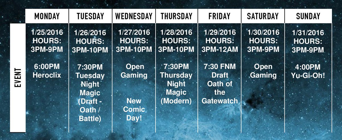 AHiddenFortress's tweet photo. Schedule for the week!  #MTGOGW https://t.co/u49x8Xqb13
