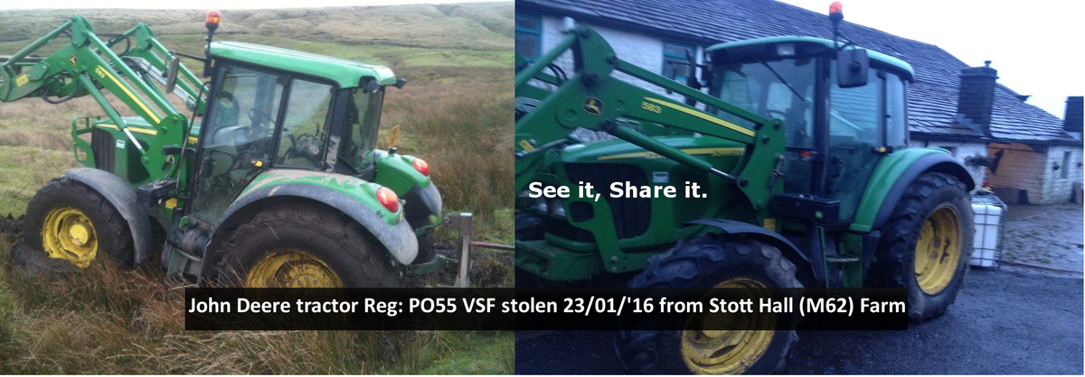 StolenWheels's tweet photo. Taken between 11pm and 7am, 22nd/23rd Jan, driven up onto the A672 Oldham Rd.
#JohnDeere #Tractor #M62 https://t.co/l8HCfEj3JV