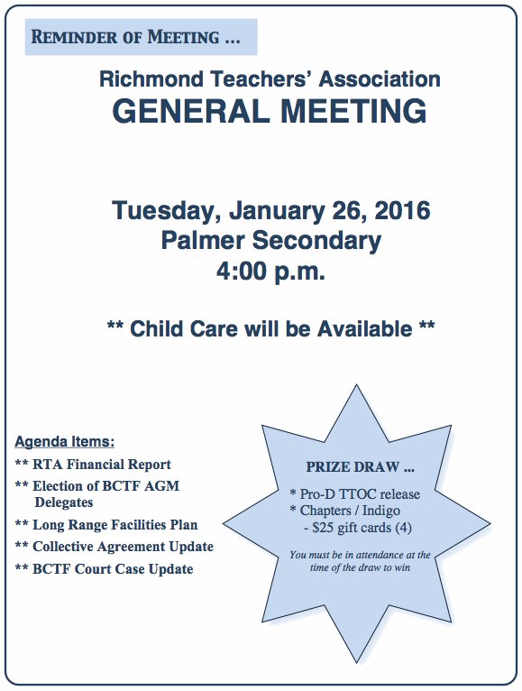 rmdteachers's tweet image. ICYMI: RTA General Mtg Jan 26 @ 4pm @PalmerSecondary items include #financials, @BCTF news,#bctf2016 AGM, AND prizes
