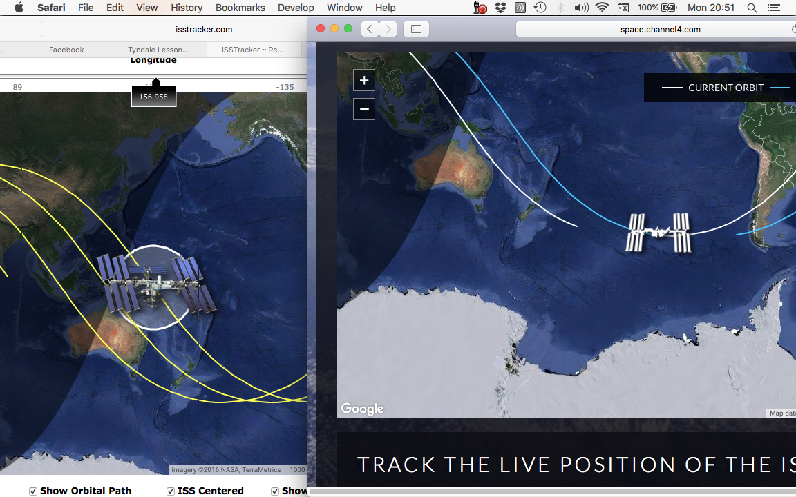 Why are your trackers not in sync? They can't both be right. <a href="/Channel4News/">Channel 4 News</a> <a href="/Channel4/">Channel 4</a> <a href="/ISSTracker/">ISS Tracker</a>