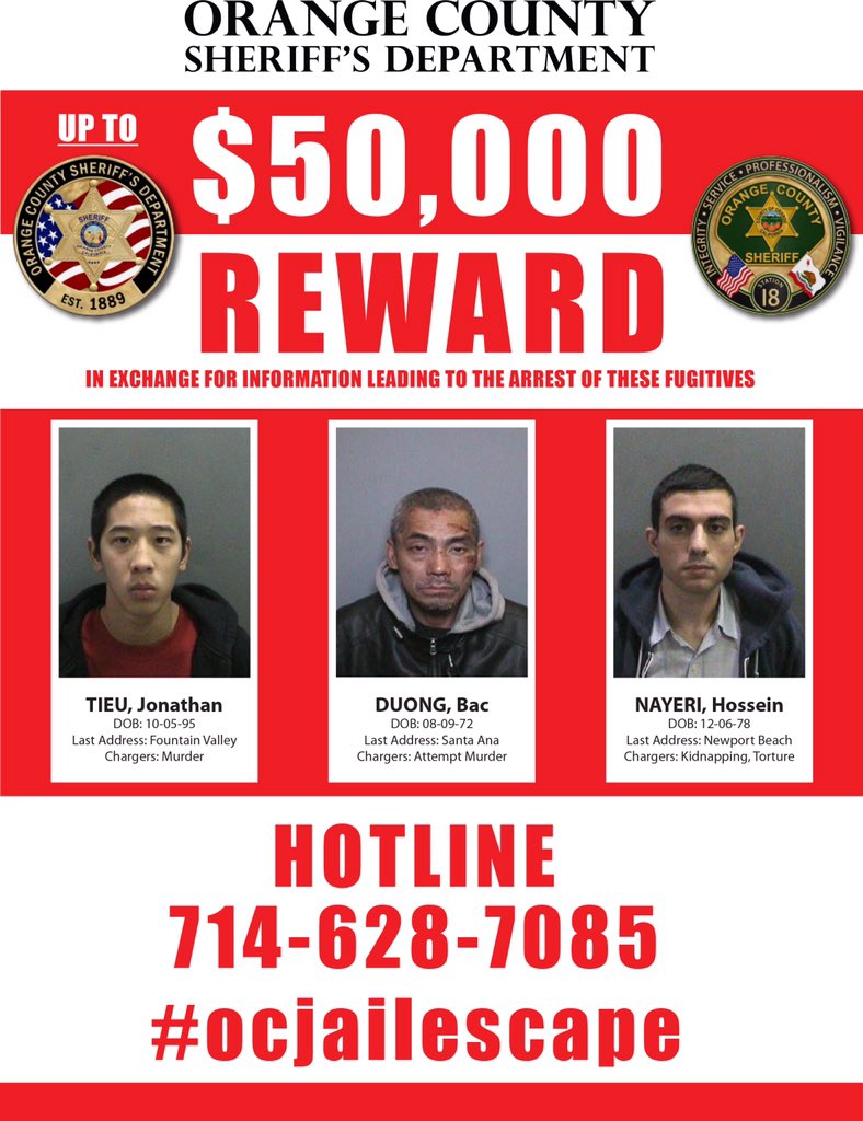 OCSheriff's tweet image. $50K REWARD in exchange for info leading to apprehension of 3 escaped inmates #ocjailescape HOTLINE: 714-628-7085