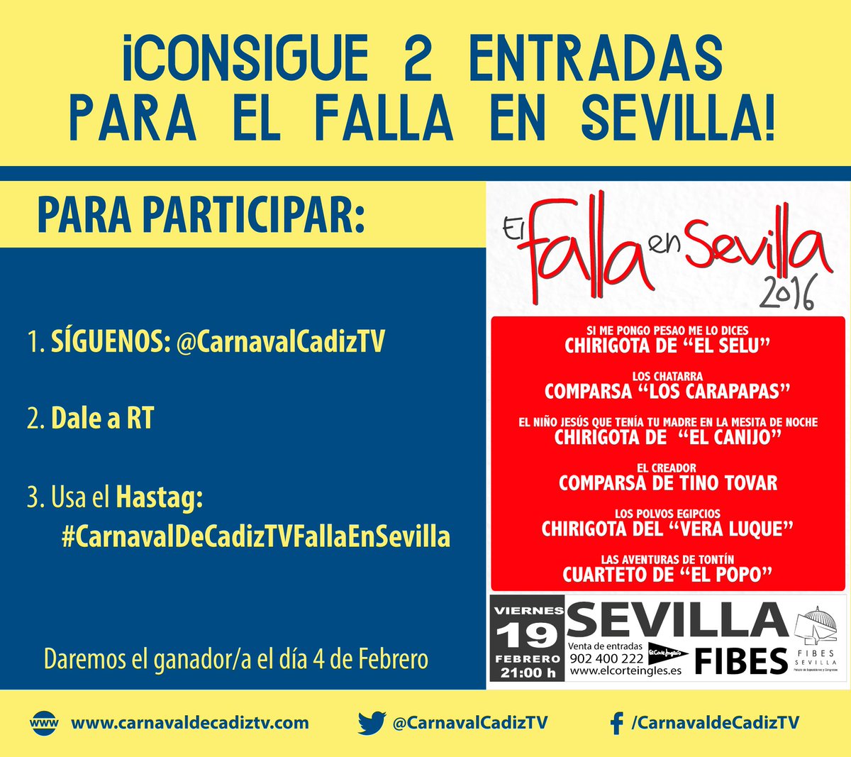 CarnavalCadizTV's tweet photo. ¡Sorteamos 2 entradas para el FALLA EN SEVILLA! Para tí y tu acompañante

Todo el #COAC2016: https://t.co/dSYAbxbRp0 https://t.co/yptwyhSEc2