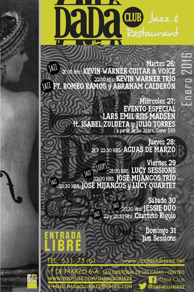 DadaClubJazz's tweet photo. Amigxs aquí la cartelera semanal. @EnTuxtla2 @TuxRecomienda @Sancris_Invita @Coneculta @jazz_mx https://t.co/4PGTNNfZYF