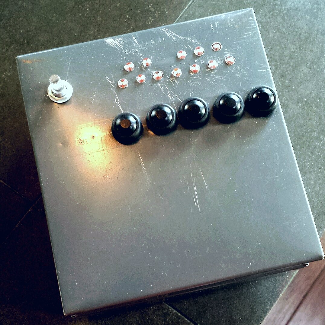 IoTMikeT's tweet photo. Not pretty, but perfect. 2 more buttons to add and a bunch more switches, but will be rad. #maker #musicbox https://t.co/4y59YVGLeu